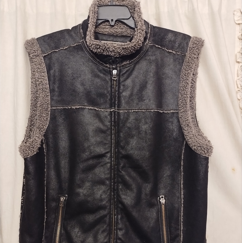 TRUE GRIT Fleece Vest Full Zip Dark Brown Polester Pile Lined Mens Size XL